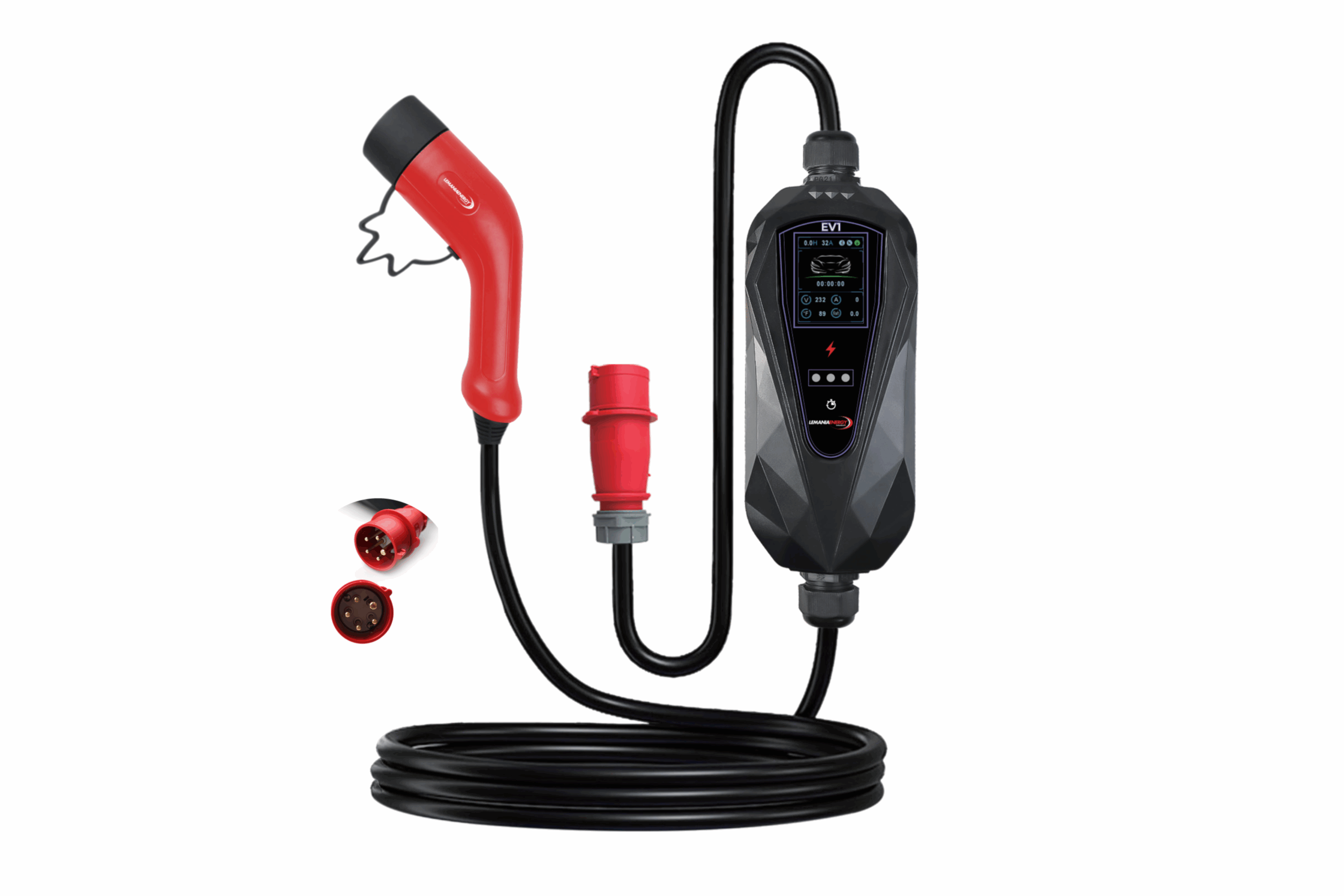 ev 1 socket EV-1 portable electric vehicle charger LED display and touch control panel showing current, timer, and temperature